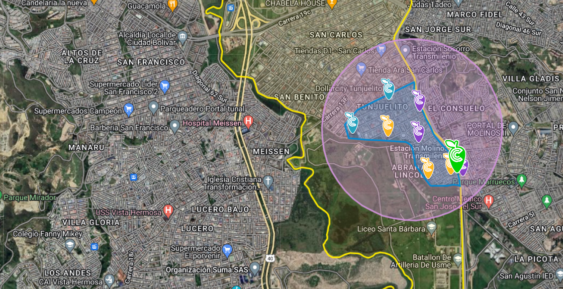Mapa de área de influencia y cobertura de Manzana del Cuidado de Tunjuelito